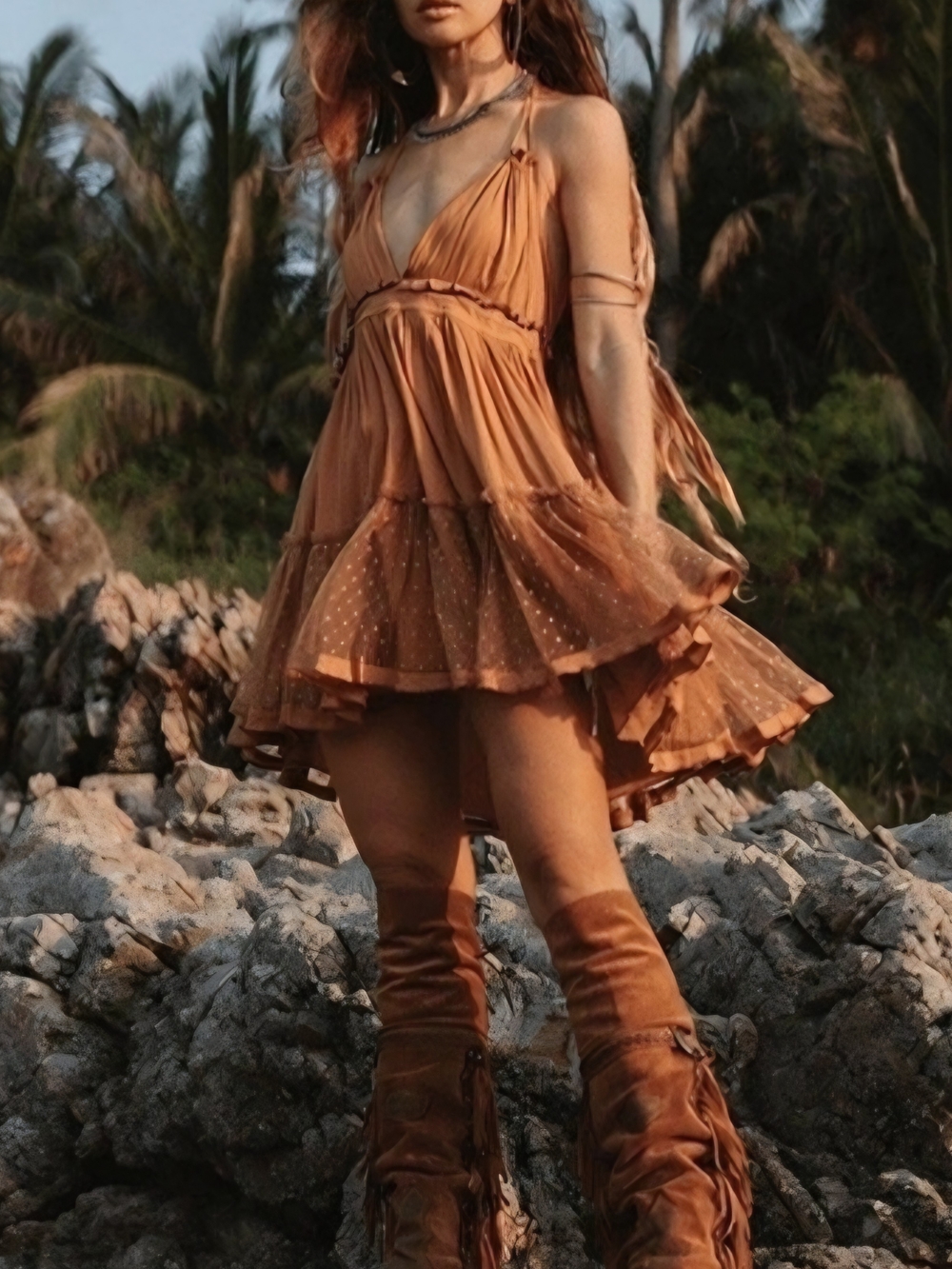 Free People 100 Degree Swiss Dot Halter Dress in Brown M